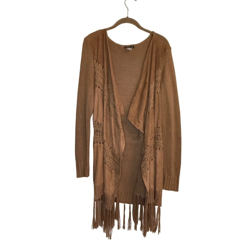 Venus Boho Fringe Knit Midi Cardigan Sweater Open Front Tan Faux Suede Medium